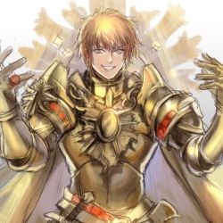 Rule 34 | 10s, 1boy, alto momo, armor, bad id, bad pixiv id, blonde hair, blue eyes, chain, chain chronicle, gradient background, jewelry, knight, knuckle (chain chronicle), male focus, momo alto, ring, smile, solo, sword, weapon