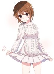 Rule 34 | 1girl, aran sweater, bare legs, black eyes, blush, brown hair, cable knit, clothes lift, cowboy shot, hair between eyes, highres, kinuhata saiai, lifted by self, long sleeves, looking at viewer, nemu mohu, short hair, simple background, skirt, skirt lift, smile, solo, sweater, toaru majutsu no index, toaru majutsu no index: old testament, white background