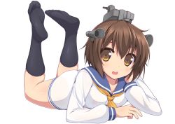 Rule 34 | 10s, 1girl, ass, blush, breasts, brown eyes, brown hair, dress, feet, headgear, highres, kantai collection, lying, no shoes, on stomach, open mouth, panties, personification, ruton-niki, sailor dress, school uniform, see-through, serafuku, short hair, simple background, socks, soles, solo, toes, underwear, white background, white panties, yukikaze (kancolle)