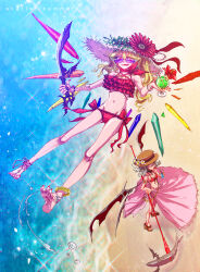 Rule 34 | 2girls, alternate costume, barefoot, beach, bikini, blonde hair, breasts, brown headwear, cocktail, commentary request, cross, cross necklace, crystal, demon wings, drinking straw, fang, fingernails, flandre scarlet, flat chest, flower, flying, frilled bikini, frills, from above, full body, grey hair, hat, hat flower, hibiscus, highres, holding, holding scythe, holding sword, holding weapon, jewelry, lastdark, long hair, looking at viewer, medium bangs, multiple girls, navel, necklace, ocean, open mouth, pink headwear, pink skirt, purple-tinted eyewear, red bikini, red eyes, red flower, red nails, red wings, remilia scarlet, sand, sarong, scythe, self-harm scar, sharp fingernails, sharp toenails, shiny skin, short hair, siblings, sisters, skirt, small breasts, soles, sparkle, standing, sun hat, sunglasses, swimsuit, sword, tinted eyewear, toenails, touhou, water, weapon, white flower, wings