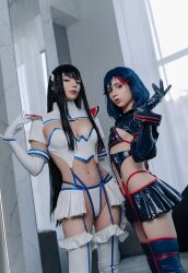 Rule 34 | 2girls, black hair, black skirt, breasts, cosplay, highres, kill la kill, kiryuuin satsuki, kiryuuin satsuki (cosplay), long hair, matoi ryuuko, matoi ryuuko (cosplay), miniskirt, multiple girls, panties, real life, short hair, skirt, small breasts, underwear, white skirt