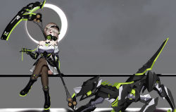 Rule 34 | 1girl, barcode, barcode tattoo, bare shoulders, black footwear, black gloves, bob cut, boots, brown hair, brown thighhighs, crossed legs, dress, elbow gloves, freze, full body, gloves, grey sky, hair over one eye, highres, holding, holding scythe, holding weapon, honkai (series), honkai impact 3rd, long sleeves, looking at viewer, mask, mole, mole under eye, moon, mouth mask, purple eyes, rita rossweisse, rita rossweisse (phantom iron), robot, scythe, shadow, short hair, sitting, sky, solo, tattoo, thighhighs, unfinished, sketch background, weapon, white dress