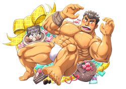 Rule 34 | 1boy, abs, alternate pectoral size, bara, blush, bulge, bunta ru, cake, chest hair, chocolate cake, dynamic pose, facial hair, feet, food, foreshortening, forked eyebrows, full body, fundoshi, happy birthday, japanese clothes, takabushi kengo, large pectorals, long sideburns, male focus, male underwear, muscular, muscular male, navel, nipples, official style, pectorals, short hair, sideburns, solo, stubble, teeth, thick eyebrows, thick thighs, thighs, tokyo houkago summoners, tongue, underwear, underwear only, white male underwear