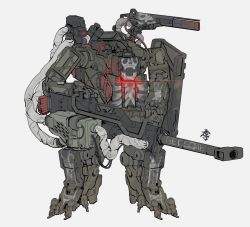 Rule 34 | absurdres, glowing, grey background, gun, highres, holding, holding gun, holding weapon, looking ahead, mecha, no humans, obokhan, open mouth, original, robot, shoulder cannon, skull, solo, standing, weapon