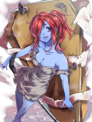 Rule 34 | 1girl, ahoge, bags under eyes, bandages, bare shoulders, blue eyes, blue skin, blush, breasts, cleavage, coffin, collarbone, colored skin, crowbar (ole tower), dress, from above, hair over one eye, long hair, mataichi mataro, nail, no bra, off shoulder, ole tower, open mouth, ponytail, red hair, shiny skin, side ponytail, solo, strap slip