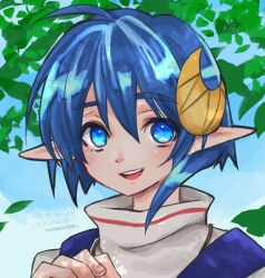Rule 34 | 1girl, ahoge, blue eyes, blue hair, commentary request, crescent, crescent hair ornament, dated, hair ornament, highres, looking at viewer, mayashtale, open mouth, pointy ears, rena lanford, short hair, smile, solo, star ocean, star ocean the second story