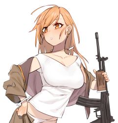 Rule 34 | 1girl, ahoge, assault rifle, bad id, bad twitter id, beijuu, bracelet, breasts, collarbone, commentary request, dog tags, galil (girls&#039; frontline), girls&#039; frontline, gun, holding, holding gun, holding weapon, imi galil, jewelry, large breasts, long hair, orange eyes, orange hair, panties, parted lips, rifle, shirt, simple background, solo, underwear, weapon, white background, white panties, white shirt