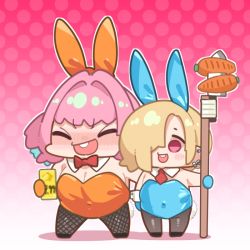 Rule 34 | 2girls, animal ears, bare shoulders, black footwear, blonde hair, blue gloves, blush, blush stickers, bow, bowtie, breasts, can, carrot, censored, chibi, commentary, covered navel, detached collar, ear piercing, fishnets, full body, gloves, gradient background, hair intakes, hair over one eye, holding, holding can, holding weapon, idolmaster, idolmaster cinderella girls, large breasts, legs apart, leotard, looking at viewer, mosaic censoring, multicolored hair, multiple girls, necktie, no nose, nose blush, open mouth, orange gloves, orange leotard, pantyhose, piercing, pink background, pink hair, playboy bunny, polka dot, polka dot background, rabbit ears, rabbit tail, red eyes, round teeth, shirasaka koume, short eyebrows, smile, standing, strapless, strapless leotard, symbol-only commentary, tail, takato kurosuke, teeth, two-tone hair, upper teeth only, v-shaped eyebrows, weapon, wrist cuffs, yumemi riamu