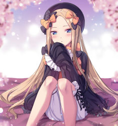 Rule 34 | 1girl, abigail williams (fate), black bow, black dress, black ribbon, blonde hair, blue eyes, blurry, blurry background, blush, bow, dress, fate/grand order, fate (series), frilled shorts, frills, hair bow, highres, holding, holding stuffed toy, long hair, looking at viewer, multiple hair bows, orange bow, parted bangs, parted lips, petals, polka dot, polka dot bow, ribbon, ribbon-trimmed shorts, ribbon trim, short dress, shorts, sitting, sleeves past fingers, sleeves past wrists, solo, stuffed animal, stuffed toy, teddy bear, tsuru ringo, very long hair, white shorts