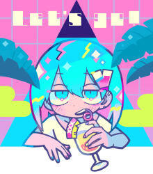 Rule 34 | 1girl, bendy straw, blue eyes, blue hair, blush stickers, check copyright, cloud, cocktail, cocktail glass, collarbone, colored inner hair, commentary request, copyright request, cup, drink, drinking, drinking glass, drinking straw, english text, eyelashes, grid background, hair between eyes, hair ornament, hand on table, holding, holding drink, long hair, multicolored hair, multicolored nails, nail polish, open mouth, original, palm leaf, pink background, pink hair, shirt, short sleeves, smile, solo, sparkle, sparkling eyes, straight-on, t-shirt, teeth, terada tera, triangle, upper body, upper teeth only, white shirt, white sleeves