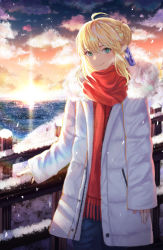 Rule 34 | 1girl, ahoge, alternate costume, artoria pendragon (all), artoria pendragon (fate), blonde hair, blue eyes, blue ribbon, braid, braided bun, breath, cloud, coat, commentary, cowboy shot, elker, evening, fate/stay night, fate (series), green eyes, hair between eyes, hair bun, hair ribbon, highres, lighthouse, long sleeves, looking at viewer, multicolored eyes, ocean, outdoors, railing, red scarf, ribbon, saber (fate), scarf, short hair, sidelocks, single hair bun, sleeves past wrists, smile, snow, snowing, standing, sunset, white coat, winter, winter clothes