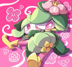 Rule 34 | blush, bright pupils, commentary request, creatures (company), crown, flower, game freak, gen 5 pokemon, highres, hisuian lilligant, lilligant, looking at viewer, mini crown, nettsuu, nintendo, on lap, pink background, pink flower, pokemon, pokemon (creature), pokemon on lap, purple eyes, shoes, sitting, sweatdrop, white pupils, yellow footwear