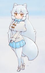 Rule 34 | 1girl, animal ears, arctic fox (kemono friends), bow, bowtie, brown eyes, cape, extra ears, fox ears, fox girl, fox tail, gloves, grey hair, highres, jacket, kemono friends, long hair, looking at viewer, outdoors, pantyhose, shoes, skirt, snow, solo, tail, zzz ansh