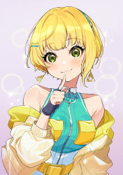 Rule 34 | 1girl, :3, bare shoulders, black gloves, blonde hair, blue hairband, blue shirt, blush, breasts, brown jacket, closed mouth, collarbone, commentary request, earrings, finger to mouth, fingerless gloves, gloves, green eyes, hairband, highres, idolmaster, idolmaster cinderella girls, jacket, jewelry, long sleeves, looking at viewer, medium breasts, miyamoto frederica, off shoulder, open clothes, open jacket, puffy long sleeves, puffy sleeves, purple background, shirt, short hair, sleeveless, sleeveless shirt, solo, sparkle, upper body, yuu (higashi no penguin)