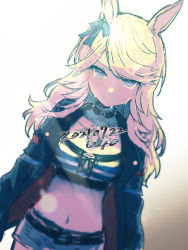 Rule 34 | 1girl, belt, black belt, black collar, black jacket, blonde hair, blue bow, blue eyes, bow, breasts, brown background, clenched teeth, collar, crop top, crying, crying with eyes open, dated, ear bow, gold city (umamusume), gradient background, grey shorts, highres, jacket, long hair, looking at viewer, medium breasts, midriff, navel, open clothes, open jacket, short shorts, shorts, solo, striped, tears, teeth, umamusume, uzura (bonnet225), white background