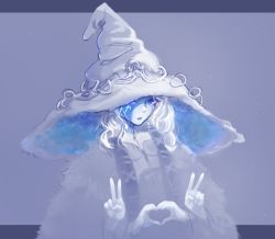 Rule 34 | 1girl, blue eyes, blue skin, cloak, colored skin, cracked skin, double v, elden ring, extra arms, fur cloak, grey background, hat, heart, heart hands, highres, large hat, long hair, one eye closed, oversized clothes, parted lips, popopoka, ranni the witch, smile, solo, teeth, v, witch hat