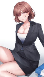 Rule 34 | 1girl, absurdres, black jacket, black skirt, blush, breasts, brown hair, cleavage, collarbone, gradient background, highres, higuchi madoka, idolmaster, idolmaster shiny colors, jacket, large breasts, long sleeves, looking at viewer, miniskirt, mole, mole under eye, office lady, parted lips, pol winner, purple eyes, shirt, shirt tucked in, simple background, sitting, skirt, solo, thighs, white shirt