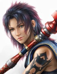 Rule 34 | 10s, 1girl, black hair, earrings, final fantasy, final fantasy xiii, gradient hair, green eyes, indian clothes, jason peng, jewelry, looking at viewer, messy hair, mole, multicolored hair, necklace, oerba yun fang, realistic, red hair, solo, staff, tattoo, two-tone hair, upper body, watermark, weapon, web address, white background