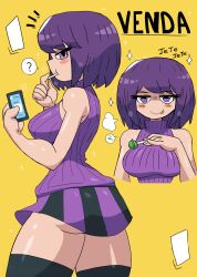 Rule 34 | 1girl, ?, absurdres, ass, black thighhighs, blush, breasts, candy, cellphone, colored tongue, food, food in mouth, from behind, green tongue, highres, holding, large breasts, lollipop, looking at viewer, looking back, multiple views, original, phone, purple eyes, purple hair, purple skirt, purple sweater, purple theme, short hair, skirt, sleeveless, sleeveless sweater, smartphone, smile, sparkle, speech bubble, spoken food, spoken question mark, standing, striped clothes, striped skirt, sweater, thick thighs, thighhighs, thighs, tongue, tongue out, tony welt, venda (tony welt), wind, wind lift, yellow background