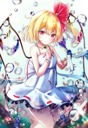 Rule 34 | 1girl, alternate costume, bare arms, bare shoulders, bird, blonde hair, blue flower, blue rose, blush, breasts, clover, collarbone, commentary request, cowboy shot, crystal, dress, flandre scarlet, flower, gradient background, green background, hair between eyes, hair ribbon, holding, looking at viewer, no headwear, one side up, petticoat, red eyes, red ribbon, renka (cloudsaikou), ribbon, rose, sash, short hair, small breasts, smile, solo, spaghetti strap, standing, thighs, touhou, water drop, white background, white dress, white sash, wings, wrist cuffs