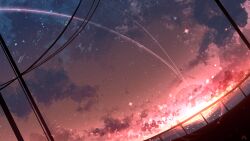 Rule 34 | chinese commentary, cloud, commentary request, dutch angle, highres, lens flare, no humans, original, outdoors, power lines, rune xiao, scenery, signature, sky, star (sky), star (symbol), starry sky, still life, sunset