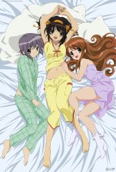 Rule 34 | 00s, 3girls, :d, ankle socks, arms up, asahina mikuru, bare shoulders, barefoot, bed, bed sheet, black hair, breasts, brown hair, buttons, cleavage, clothes lift, dakimakura (medium), dress, feet, flat chest, from above, grey hair, hair ribbon, hair spread out, hairband, hand on another&#039;s stomach, head tilt, ikeda shouko, indoors, knees together feet apart, lace, lace-trimmed legwear, lace trim, long hair, looking at viewer, looking back, lying, medium breasts, megami magazine, midriff, multiple girls, nagato yuki, navel, nishiya futoshi, no shoes, official art, on back, on side, open mouth, orange eyes, own hands together, pajamas, panties, pants, profile, ribbon, scan, shirt, shirt lift, shirt tug, short dress, short hair, sidelocks, small breasts, smile, socks, suzumiya haruhi, suzumiya haruhi no yuuutsu, swept bangs, toes, underwear, wavy hair, white panties, yellow eyes