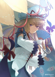 Rule 34 | 1girl, artist request, blonde hair, blurry, blurry foreground, choker, corset, cowboy shot, curiosities of lotus asia, depth of field, detached sleeves, dress, floating hair, folding fan, from side, gap (touhou), gloves, hair between eyes, hair ribbon, hand fan, hat, hat ribbon, highres, holding, holding umbrella, light, looking at viewer, mob cap, parasol, patterned, purple dress, red eyes, red ribbon, ribbon, ribbon choker, ribbon trim, short sleeves, sleeve ribbon, smile, solo, touhou, umbrella, white corset, white gloves, white sleeves, wide sleeves, yakumo yukari