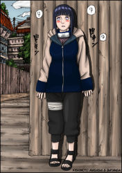 Rule 34 | 1girl, against wall, architecture, bandages, batanga, blue hair, blue jacket, blue sky, blunt bangs, blush, breasts, building, cleavage, cloud, colorized, comic, day, facing viewer, fence, forehead protector, full body, headband, hiding, hime cut, hood, hood down, hoodie, hyuuga hinata, jacket, kishimoto masashi, konohagakure symbol, large breasts, long hair, long sleeves, looking ahead, multicolored clothes, multicolored jacket, naruto, naruto (series), naruto shippuuden, nervous, ninja, official art, outdoors, pants, parted lips, pole, sandals, short hair, sidelocks, sky, solo, standing, teeth, third-party edit, tree, trembling, vest, wall, wooden fence, zipper