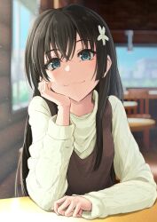 Rule 34 | 1girl, :3, black hair, blurry, blurry background, blush, casual, closed mouth, commentary request, day, flower, green eyes, hair flower, hair ornament, hand on own chin, highres, indoors, k3rd, long hair, long sleeves, looking at viewer, saten ruiko, shirt, smile, smug, solo, table, toaru kagaku no railgun, toaru majutsu no index, white shirt, window