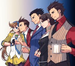 Rule 34 | 2girls, 3boys, ace attorney, apollo justice, athena cykes, beard, black eyes, black hair, black jacket, black necktie, black pantyhose, blue eyes, blue necktie, blue ribbon, blue suit, bracelet, brown eyes, brown hair, coffee mug, crescent, crescent earrings, cup, diego armando, earrings, facial hair, fist in hand, formal, from side, gloves, hair ribbon, highres, holding, holding cup, jacket, jewelry, long hair, looking to the side, mia fey, mug, multiple boys, multiple girls, necklace, necktie, open clothes, open jacket, orange hair, pantyhose, partially fingerless gloves, phoenix wright, ragi (od6fine), red necktie, red suit, ribbon, shirt, short hair, single glove, smile, spiked hair, suit, vest, white shirt, yellow jacket