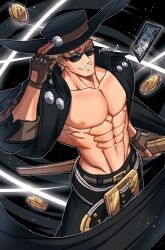 Rule 34 | 1boy, abs, adjusting clothes, adjusting headwear, bara, bare pectorals, belt, blonde hair, card, coin, feet out of frame, fingerless gloves, from above, gloves, gold coin, grin, guilty gear, guilty gear strive, hat, highres, johnny (guilty gear), large pectorals, long hair, looking at viewer, looking over eyewear, male focus, muscular, muscular male, navel, nipples, oneirio, pectorals, playing card, smile, solo, stomach, sunglasses, v-taper