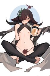 Rule 34 | 1girl, :3, absurdres, alcohol, animal ears, arknights, bare shoulders, beer, black gloves, black thighhighs, blush, braid, brown hair, cape, cleft of venus, closed mouth, distr, elbow gloves, female pubic hair, fingerless gloves, flat chest, flower, gloves, green eyes, grey cape, hair over one eye, highres, horns, indian style, laurels, looking at viewer, navel, nipples, one eye covered, pallas (arknights), pallas (heritage) (arknights), pubic hair, pussy, red flower, red rose, rose, sitting, smile, thighhighs, toeless legwear