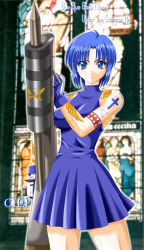 Rule 34 | 00s, bare shoulders, blue eyes, blue hair, ciel (tsukihime), frown, solo, stained glass, tattoo, tsukihime, weapon