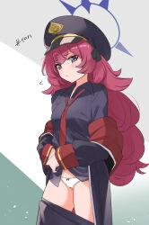 Rule 34 | 1girl, black hat, black shirt, blue archive, blue halo, blush, closed mouth, collared shirt, cowboy shot, grey eyes, halo, hat, highres, iroha (blue archive), long hair, long sleeves, looking at viewer, military uniform, necktie, panties, peaked cap, red hair, red necktie, shirt, solo, underwear, uniform, wavy hair, white panties, yuuichi (reductionblack)