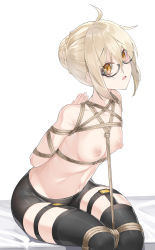 Rule 34 | 1girl, absurdres, ahoge, arms behind back, artoria pendragon (fate), bdsm, black-framed eyewear, black shorts, black thighhighs, blonde hair, bondage, bound, braid, breasts, commentary, fate/grand order, fate (series), ginklaga, glasses, hair between eyes, highres, looking at viewer, mysterious heroine x alter (fate), mysterious heroine x alter (second ascension) (fate), navel, nipples, open mouth, restrained, reverse prayer, rope, semi-rimless eyewear, shibari, shorts, simple background, sitting, small breasts, solo, thighhighs, topless, under-rim eyewear, white background, yellow eyes