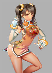 Rule 34 | 1girl, adapted costume, alternate costume, bad id, bad pixiv id, black hair, bracelet, breasts, brown eyes, china dress, chinese clothes, dress, elbow gloves, fingerless gloves, gloves, grey background, highres, jewelry, ling xiaoyu, lips, long hair, m september, making-of available, namco, nose, orange shirt, scrunchie, shirt, short dress, side slit, small breasts, smile, solo, tekken, twintails