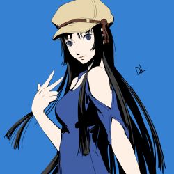 Rule 34 | 1girl, akiyama mio, black hair, blue background, blue eyes, cabbie hat, commentary, dh (brink of memories), hat, highres, k-on!, long hair, looking at viewer, smile, solo, upper body, v