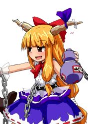 Rule 34 | 1girl, bad id, bad pixiv id, belt, blush, boots, bow, brown eyes, chain, dai-erie, fang, gerijita, gourd, hair bow, holding, horn ornament, horn ribbon, horns, ibuki suika, long hair, looking at another, looking to the side, low-tied long hair, open mouth, orange hair, ponytail, ribbon, shirt, simple background, skirt, sleeveless, sleeveless shirt, solo, touhou, very long hair, white background, white shirt