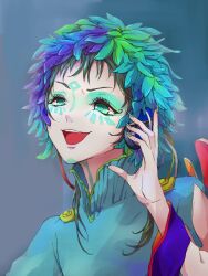 Rule 34 | 1other, androgynous, blue eyes, blue hair, facepaint, facial mark, feathers, forehead mark, gnosia, green eyes, green hair, headphones, long hair, long sleeves, looking at viewer, makeup, multicolored hair, other focus, raqio, solo, streaked hair, tattoo, upper body, user ehhy7722