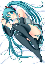 Rule 34 | 1girl, aqua eyes, aqua hair, bare shoulders, black thighhighs, detached sleeves, hatsune miku, headset, long hair, looking at viewer, lying, necktie, no shoes, on side, open mouth, panties, pantyshot, pleated skirt, skirt, solo, striped clothes, striped panties, thighhighs, twintails, umitsubame, underwear, upskirt, very long hair, vocaloid