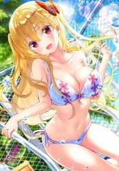 Rule 34 | 1girl, :d, bikini, blonde hair, blush, breasts, cleavage, collarbone, dutch angle, fence, fujima takuya, hair ornament, large breasts, long hair, looking at viewer, midriff, navel, open mouth, original, outdoors, railing, red eyes, sky, smile, solo, standing, swimsuit, tree, twintails, white bikini