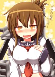 Rule 34 | 10s, 1girl, anchor, ascot, bad id, bad pixiv id, between breasts, blush, breasts, brown eyes, brown hair, cannon, folded ponytail, hair up, impossible clothes, impossible shirt, inazuma (kancolle), kantai collection, kisaragi zwei, long hair, navel, open mouth, school uniform, serafuku, shirt, solo, upper body