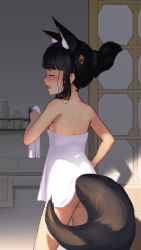 Rule 34 | 1girl, absurdres, animal ear fluff, animal ears, ass, azur lane, bad id, bad pixiv id, bare shoulders, black hair, blush, breasts, commentary request, dalian (1457091741), closed eyes, fox ears, fox tail, hair bun, hand on own hip, highres, long hair, nagato (azur lane), naked towel, open mouth, single hair bun, small breasts, solo, tail, towel, white towel