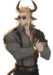 Rule 34 | 1boy, amo (amo9612), arknights, bara, beard, belt, blonde hair, cow boy, earrings, eurill pides (arknights), facial hair, gloves, unworn gloves, highres, horns, jewelry, long sleeves, male focus, manly, mature male, muscular, muscular male, necktie, pants, pectoral cleavage, pectorals, smile, solo, sunglasses, teeth, white background