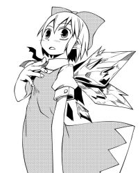 Rule 34 | 1girl, cirno, dress, greyscale, hair ribbon, hand on own chest, hand over chest, kannazuki hato, monochrome, open mouth, pointy ears, ribbon, simple background, solo, touhou, wings