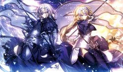 Rule 34 | 2girls, armor, armored dress, blonde hair, blue eyes, braid, breasts, capelet, dress, dual persona, fate/apocrypha, fate/grand order, fate (series), faulds, flag, gauntlets, headpiece, highres, jeanne d&#039;arc (fate), jeanne d&#039;arc (ruler) (fate), jeanne d&#039;arc alter (avenger) (fate), jeanne d&#039;arc alter (fate), long hair, mashima saki (mashimasa), md5 mismatch, multiple girls, purple eyes, revision, ruler (fate/grand order), single braid, thighhighs