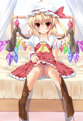 Rule 34 | 1girl, ascot, barefoot, bed, blonde hair, blush, bow, chocolate, clothes lift, embodiment of scarlet devil, female focus, flandre scarlet, food as clothes, fujieda uzuki, gift, hat, highres, panties, pantyshot, red eyes, short hair, side ponytail, sitting, skirt, skirt lift, smile, solo, striped clothes, striped panties, touhou, underwear, upskirt, wings, wrist cuffs