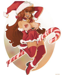 Rule 34 | 1girl, animal ears, big hair, blush, boots, bow, braces, breasts, brown hair, candy, candy cane, choker, christmas, commentary, detached sleeves, ear ribbon, english commentary, food, full body, green eyes, hat, high-waist skirt, high heel boots, high heels, highres, klimspree, lactation, large breasts, latte (klimspree), lipstick, long hair, long pointy ears, looking at viewer, makeup, nipple ribbon, nipples, open mouth, original, phallic symbol, pointy ears, puffy nipples, red choker, red footwear, red lips, red skirt, red sleeves, santa hat, shortstack, skirt, smile, solo, straddling, tan, tanline, thick eyebrows, thigh boots, topless