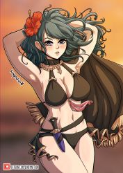 Rule 34 | 1girl, armpits, arms behind head, arms up, artist name, bare legs, bikini, black bikini, blue eyes, breasts, byleth (female) (fire emblem), byleth (fire emblem), cape, cleavage, female focus, fire emblem, fire emblem: three houses, fire emblem heroes, flower, hair flower, hair ornament, heart, heart-shaped pupils, highres, kinkymation, knife, large breasts, looking at viewer, medium hair, navel, nintendo, patreon username, red flower, sideboob, solo, swimsuit, symbol-shaped pupils, thighs, watermark, web address