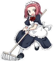 Rule 34 | 10s, 1girl, alternate costume, apron, black dress, bow, brown eyes, commentary, dress, enmaided, frilled dress, frills, full body, girls und panzer, holding, kakizaki (chou neji), looking at viewer, maid, maid apron, maid headdress, mary janes, medium dress, mop, open mouth, pantyhose, parted bangs, puffy short sleeves, puffy sleeves, red bow, red hair, rosehip (girls und panzer), running, shoes, short hair, short sleeves, simple background, smile, solo, standing, white background, white pantyhose, wrist cuffs